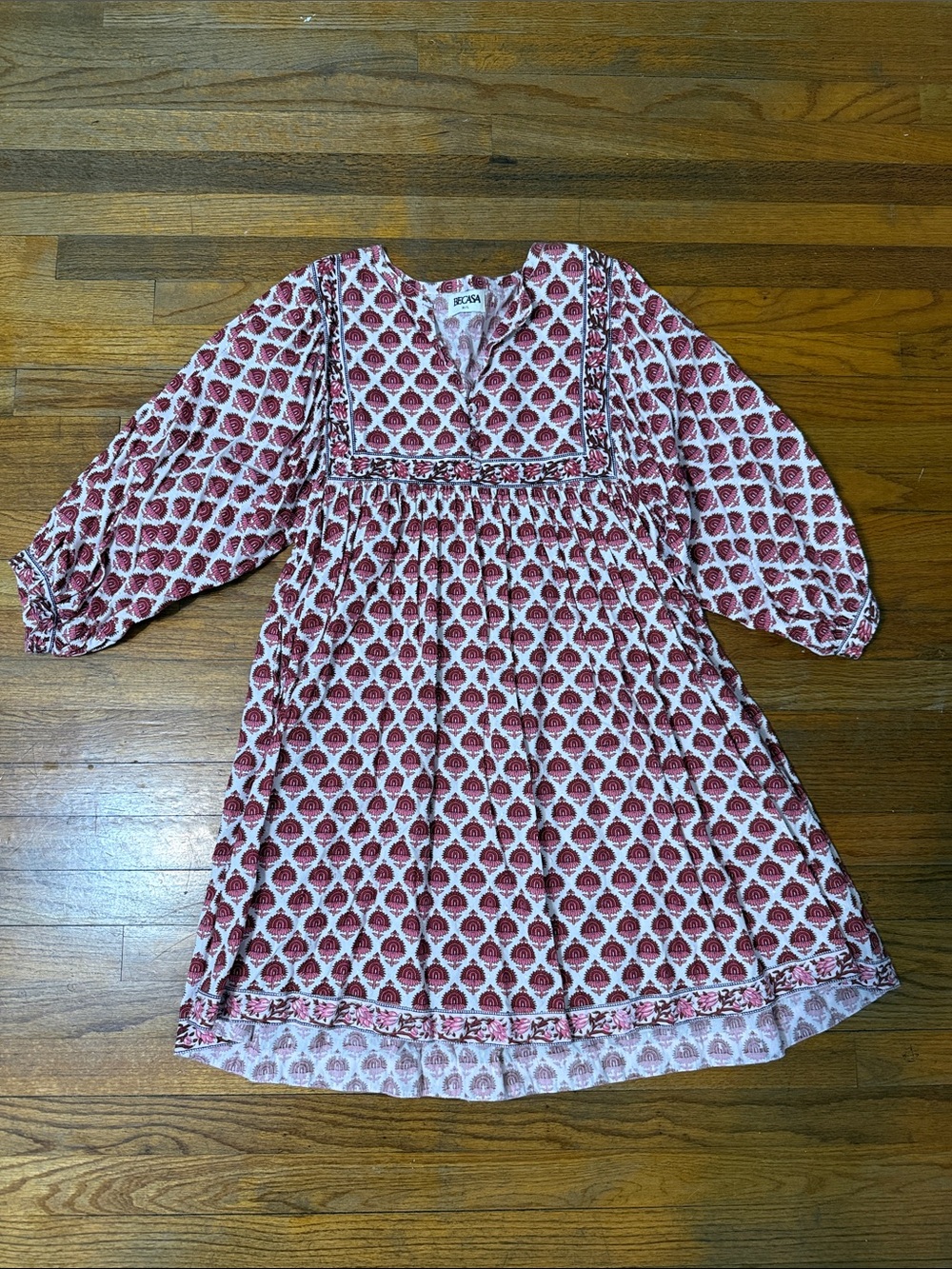 Becasa Pink and Burgandy Patterned Boho Dress